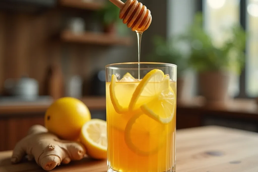 A spoon of raw honey being added to a detox drink
