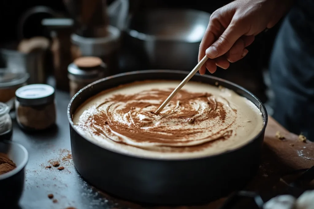 Swirling cinnamon mixture into cheesecake batter