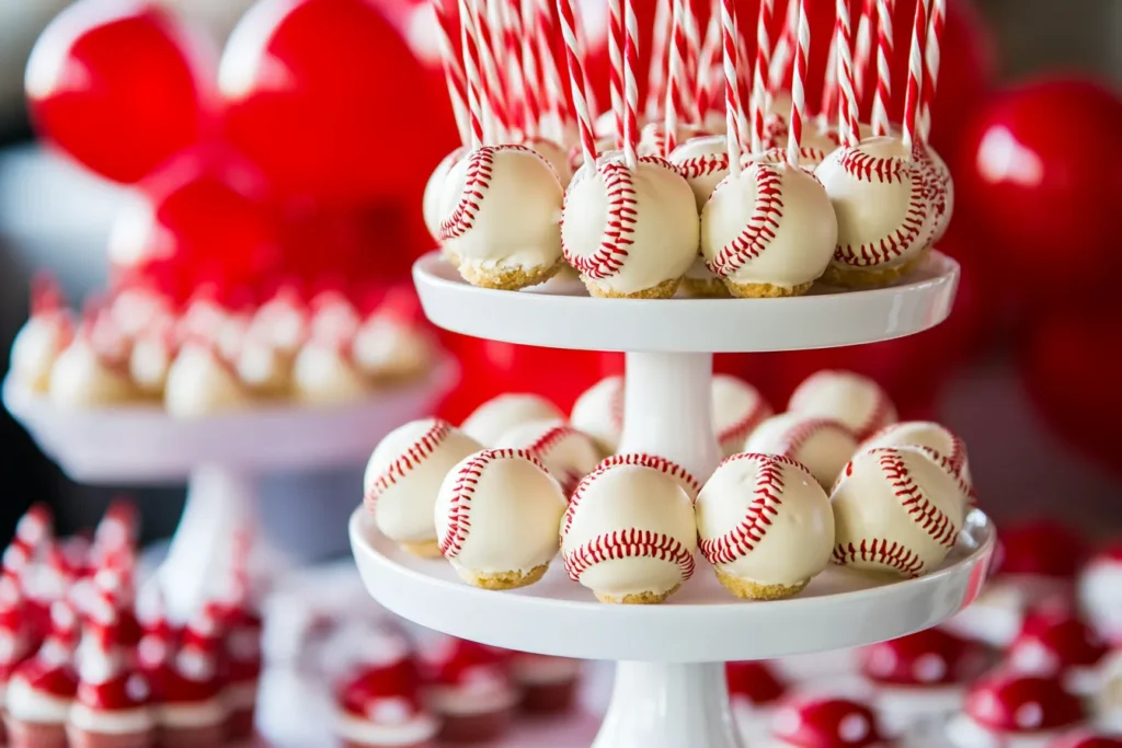 Baseball cake pops on display stand