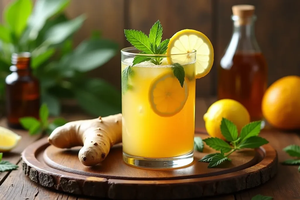 Apple cider vinegar lemon ginger drink with ingredients on the side