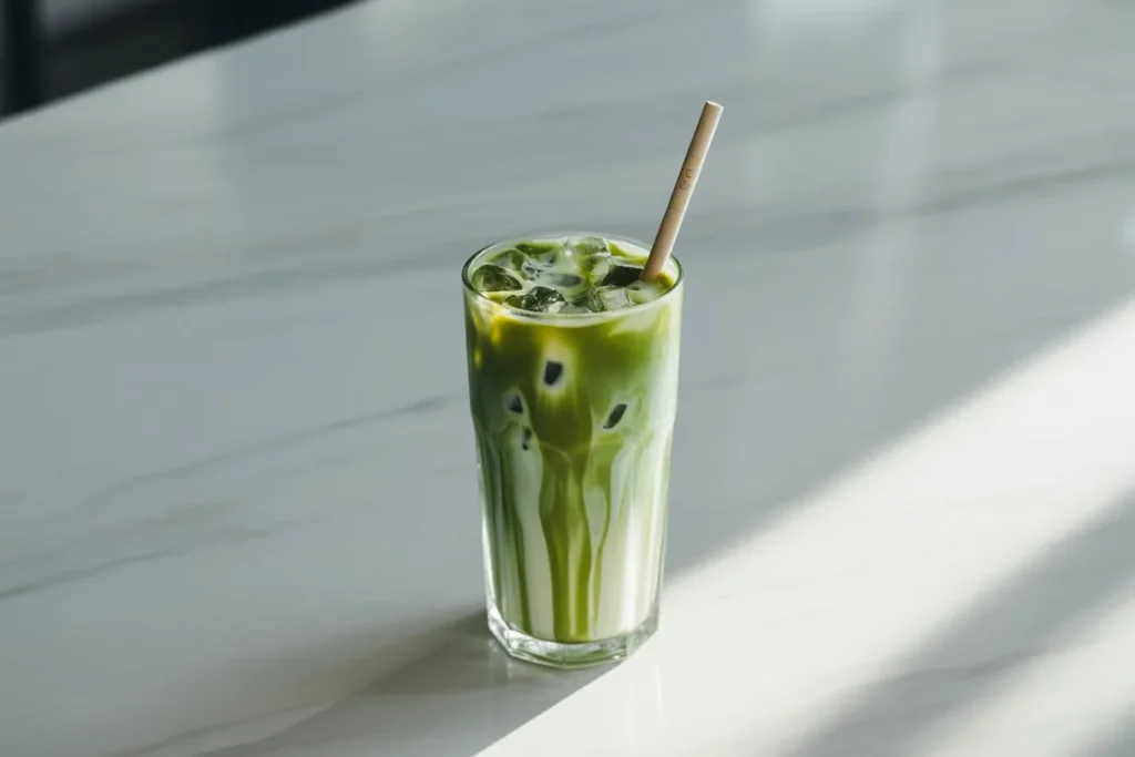 “Layered matcha and milk in a tall iced glass”