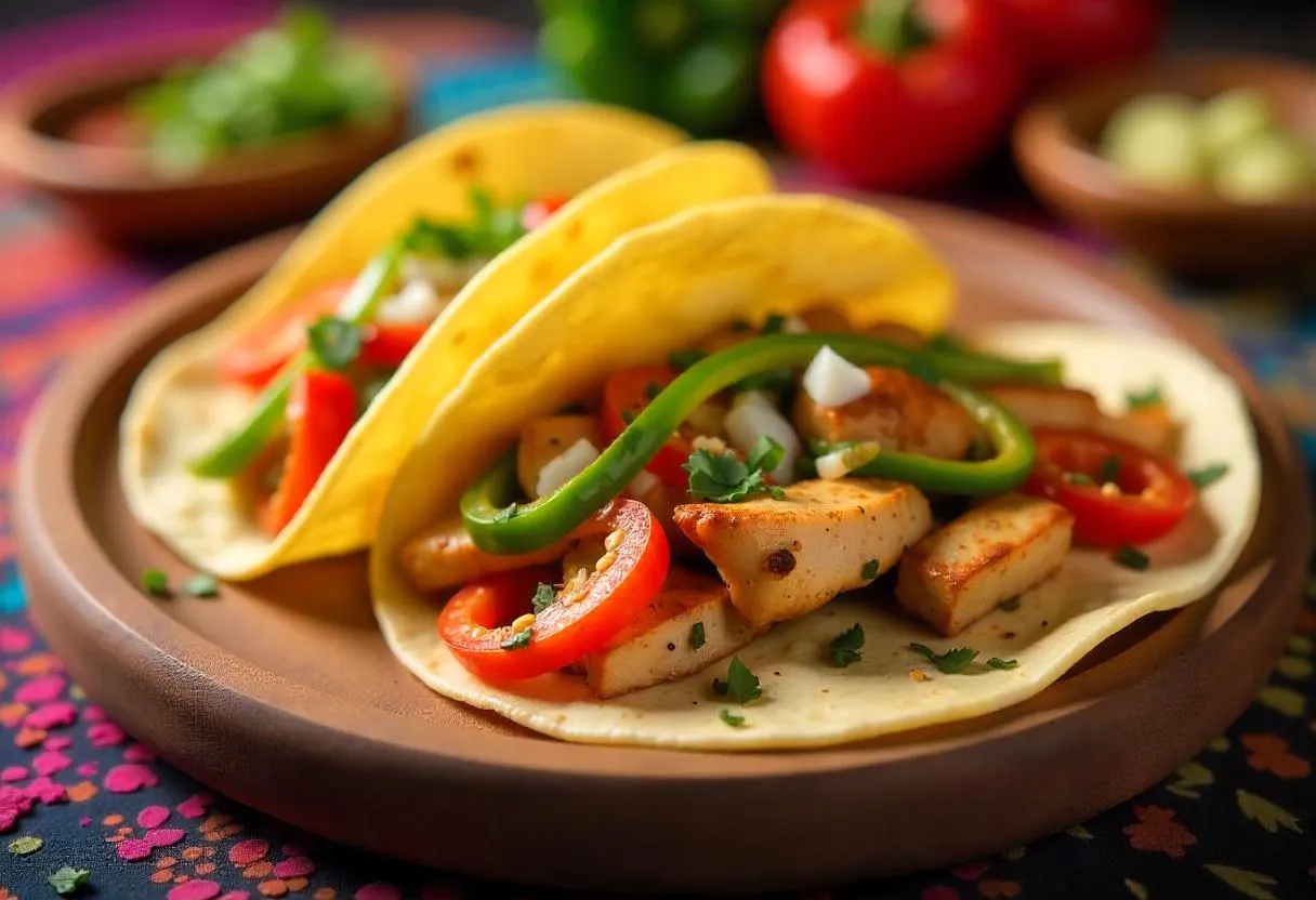 Freshly prepared fajita tacos with colorful toppings
