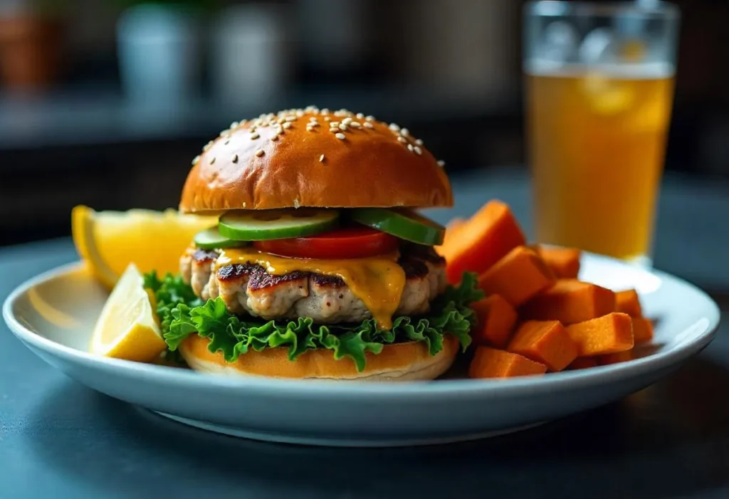 Turkey burger served with side salad and sweet potato fries