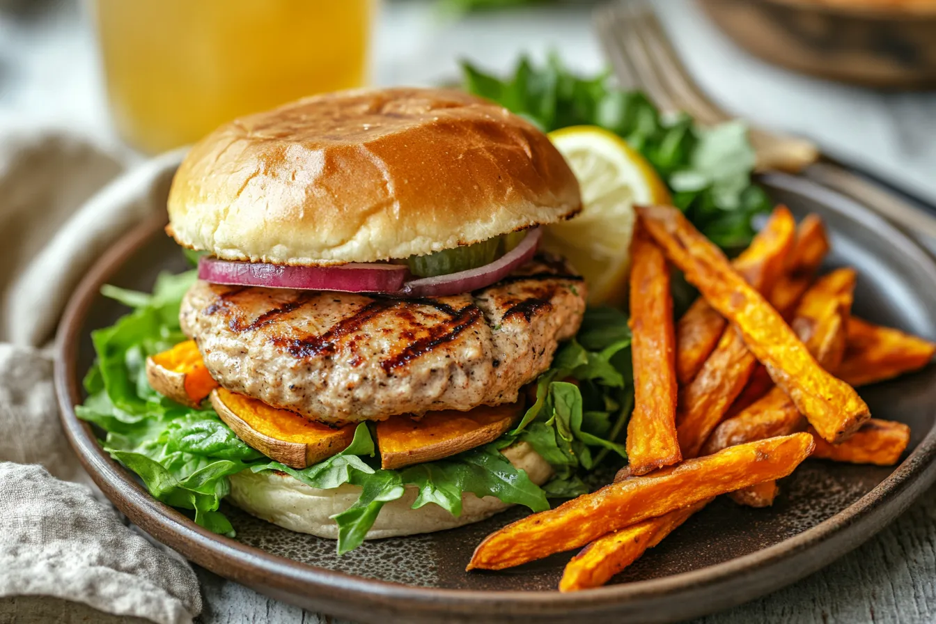 Turkey burger with sweet potato fries