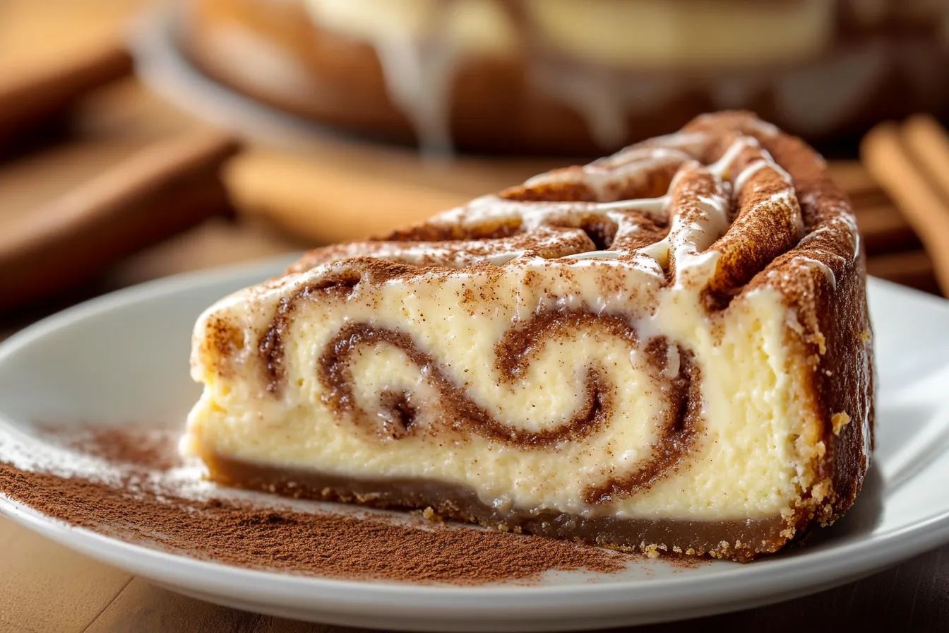Sliced cinnamon roll honeybun cheesecake on a white plate