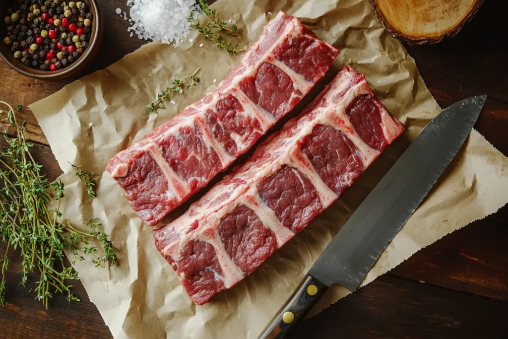 Raw beef plate ribs on butcher paper