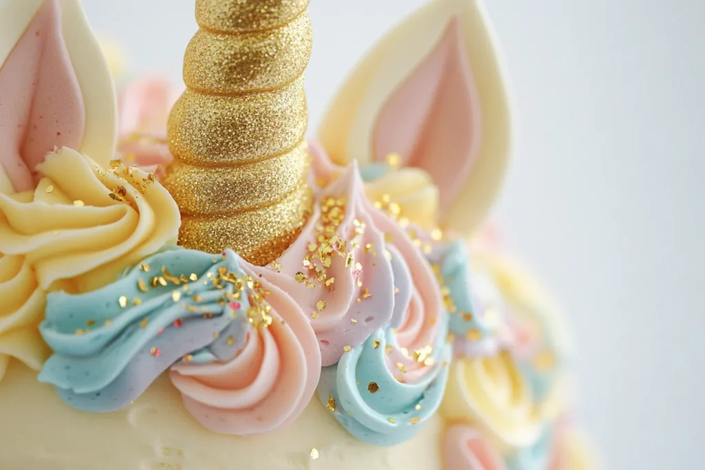 "Close-up of unicorn cake horn and fondant ears"