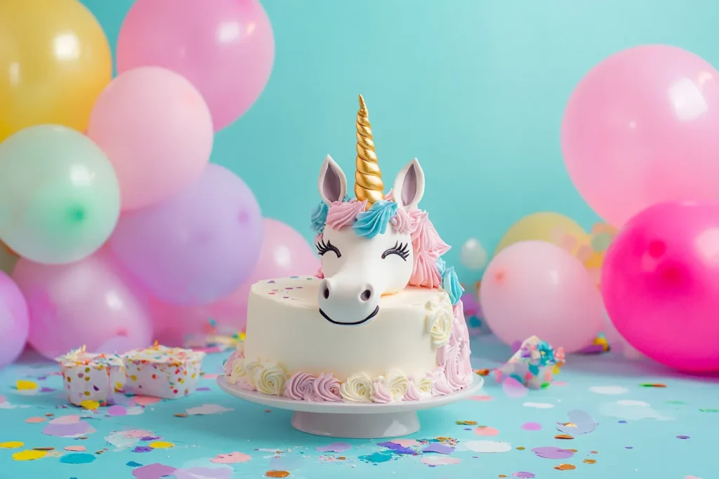 "Unicorn cake on party table with pastel balloons"