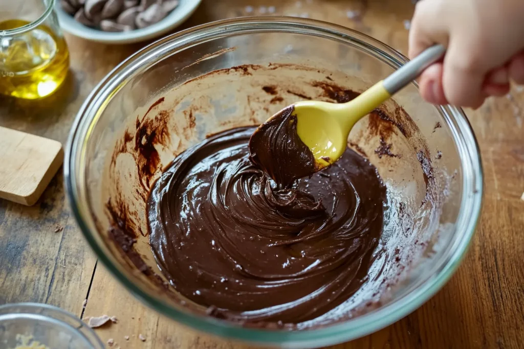 Mixing brownie batter with avocado oil in a glass bowl