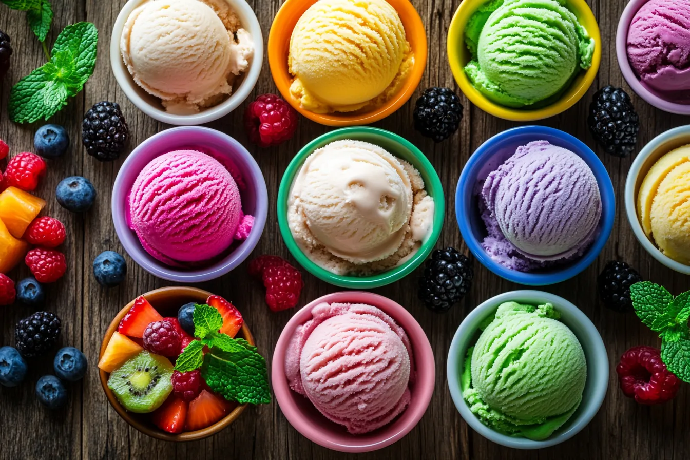 Assorted low calorie ice cream scoops in bowls