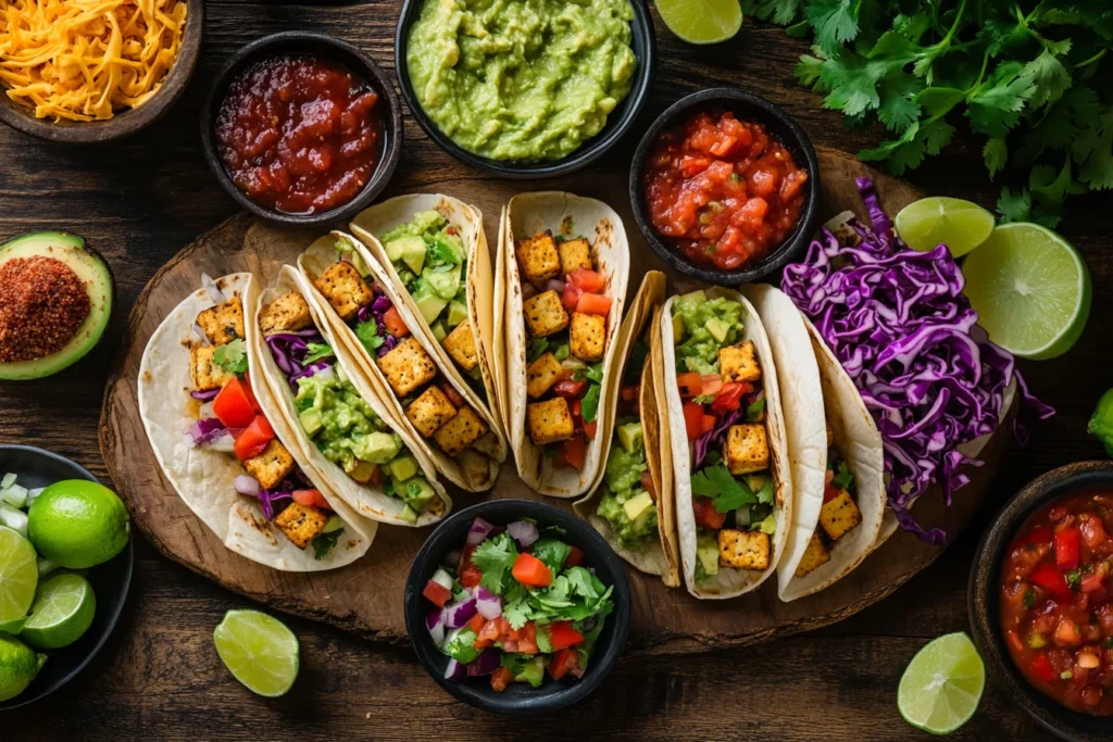 Vegan taco night spread with tofu tacos and toppings