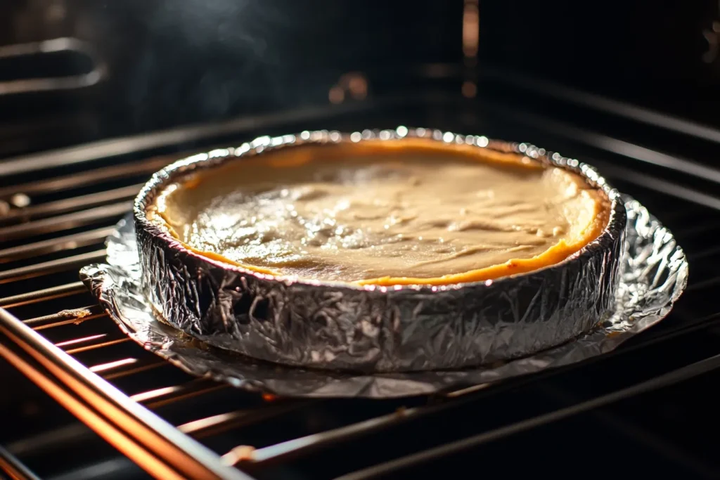 Cheesecake being baked in a water bath