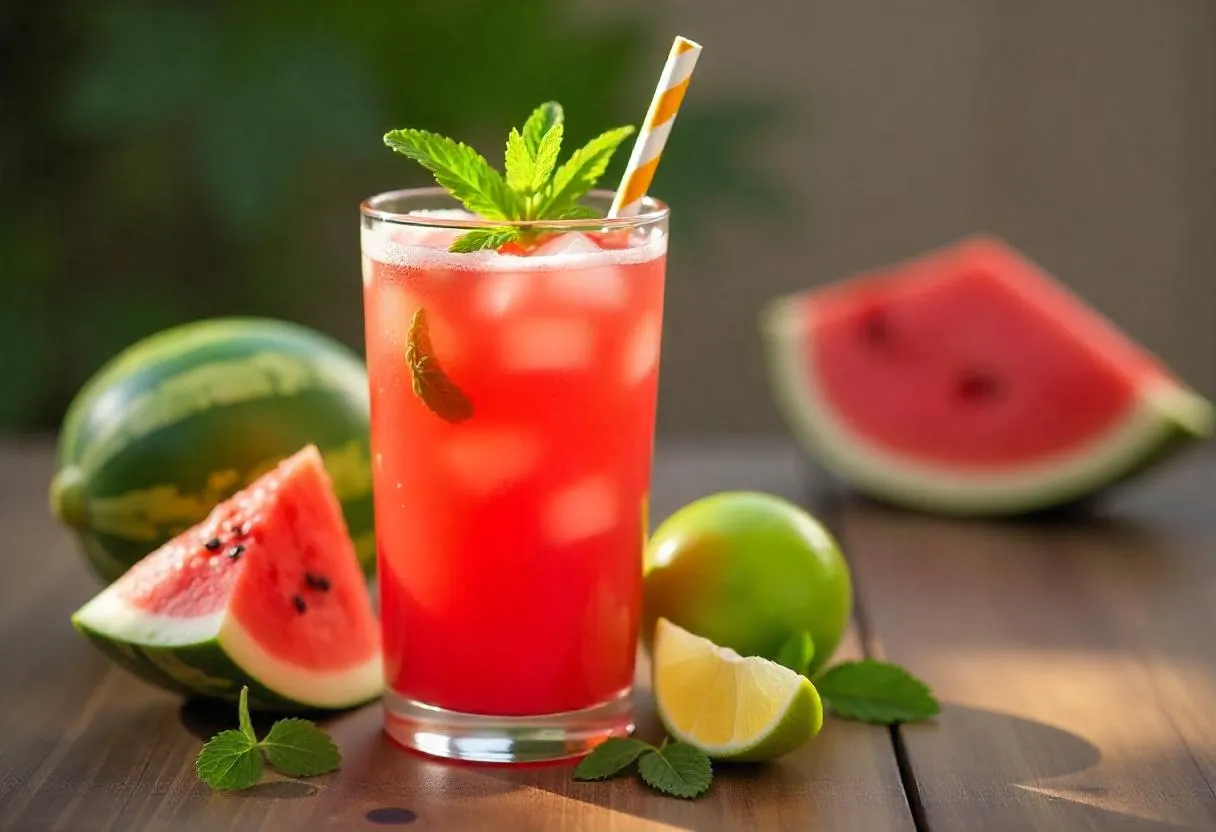 Glass of fresh watermelon juice with lime and mint