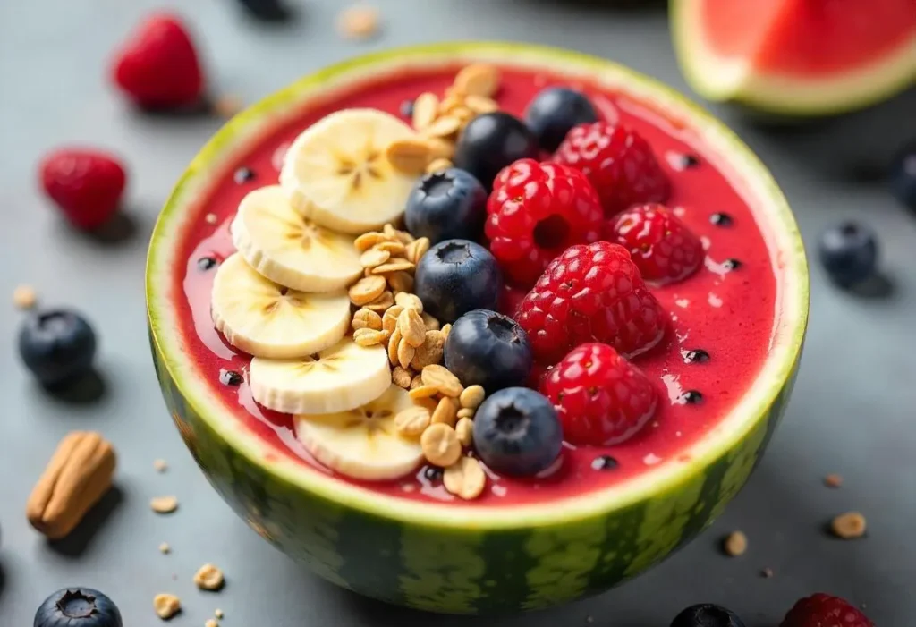 Watermelon smoothie bowl with toppings