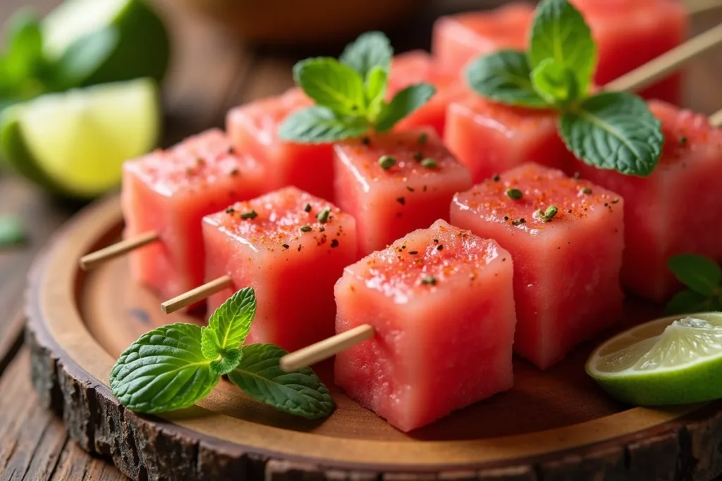 Watermelon cubes on skewers with Tajín