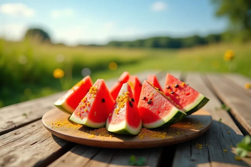 Fresh watermelon slices sprinkled with Tajín