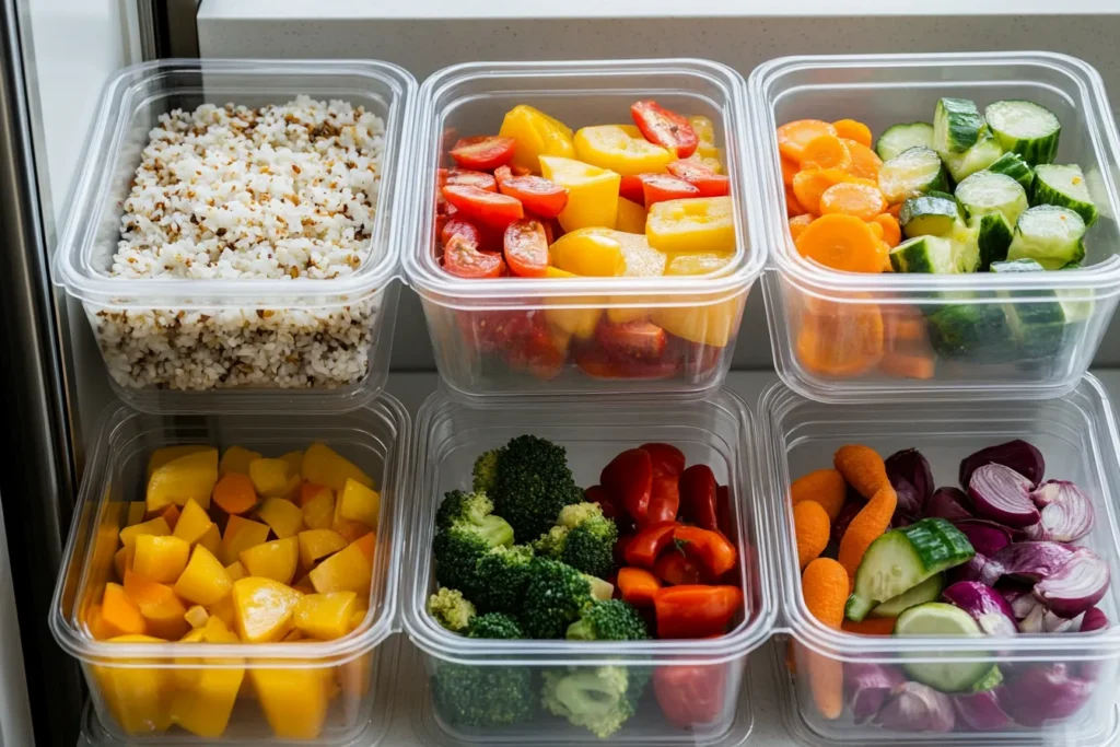 Meal prep containers with veggies and protein