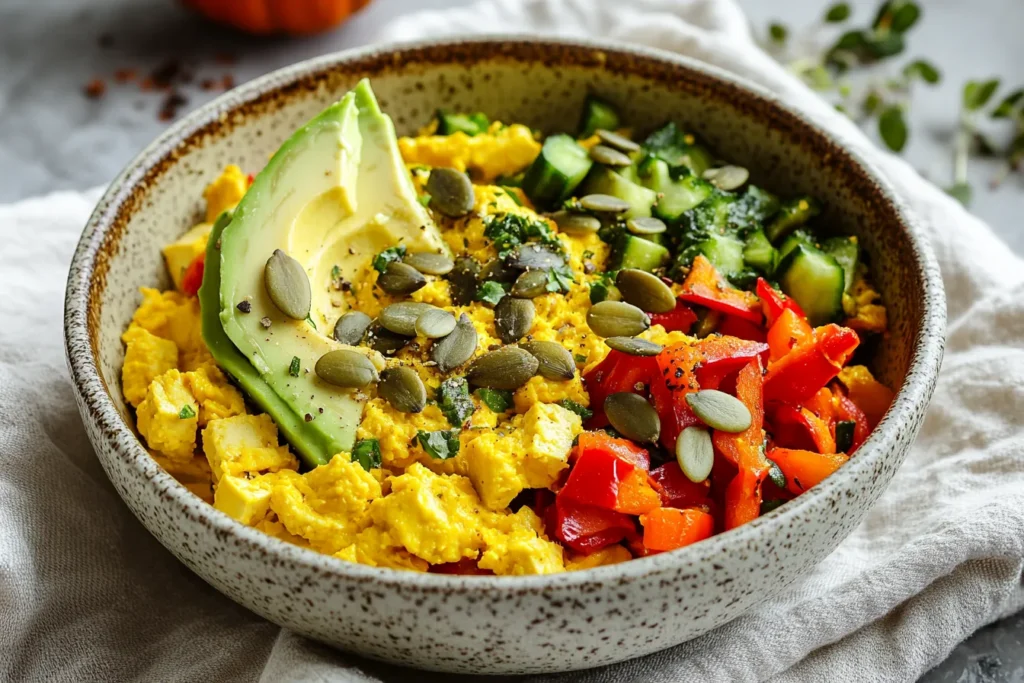 Low-calorie, high-protein breakfast with tofu and vegetables