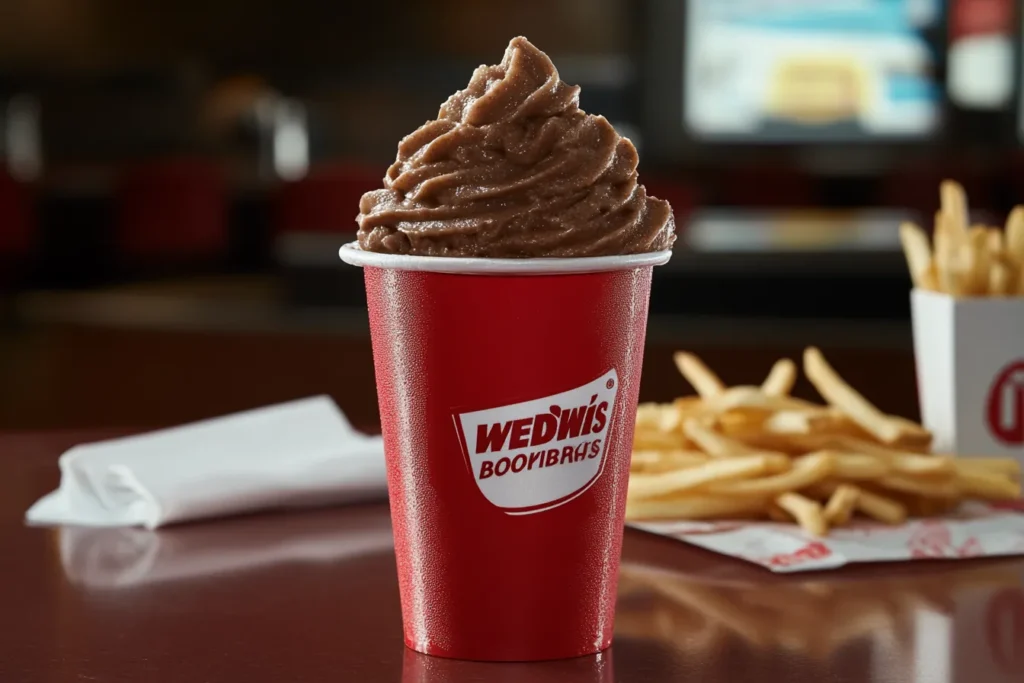 Wendy’s Brownie Batter Frosty in branded cup on table