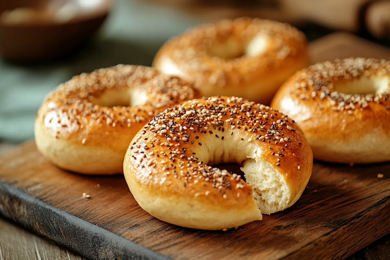 Close-up of freshly baked protein bagels on a wooden cutting board