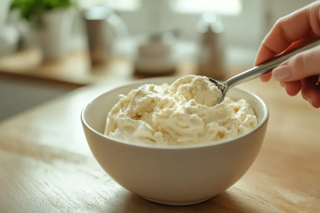 Mixing Greek Yogurt and Protein Powder in a Bowl