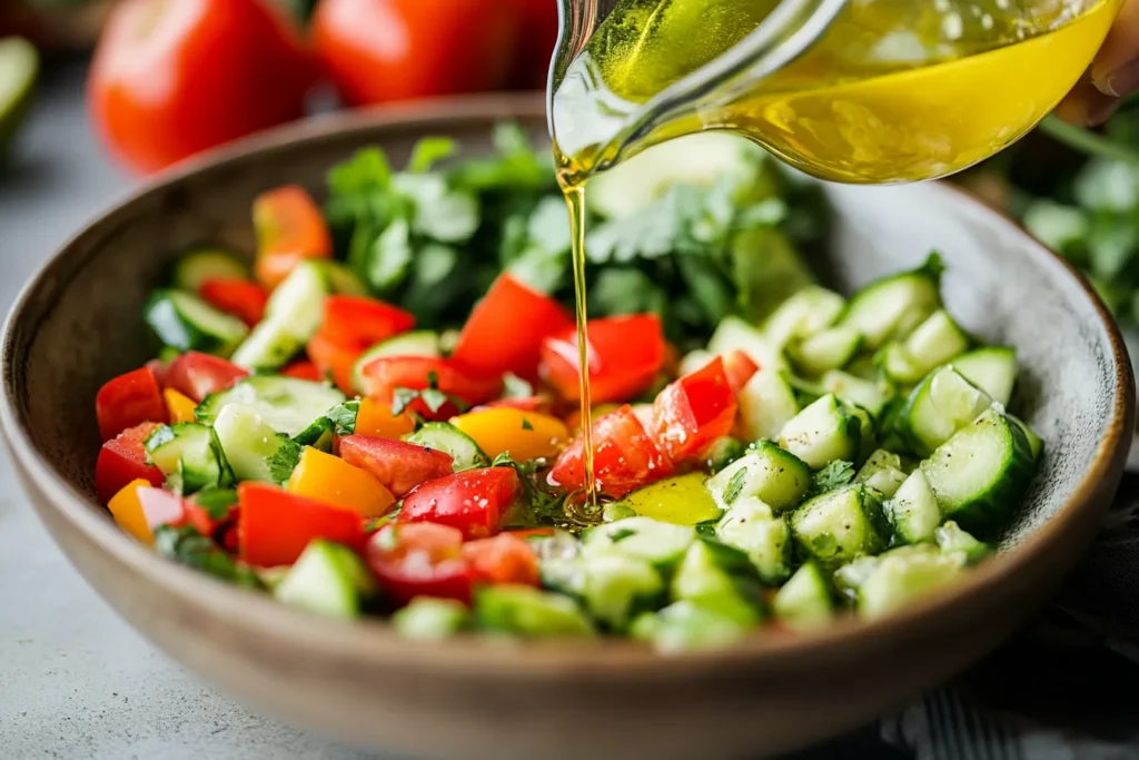 Pouring lime dressing onto the salad