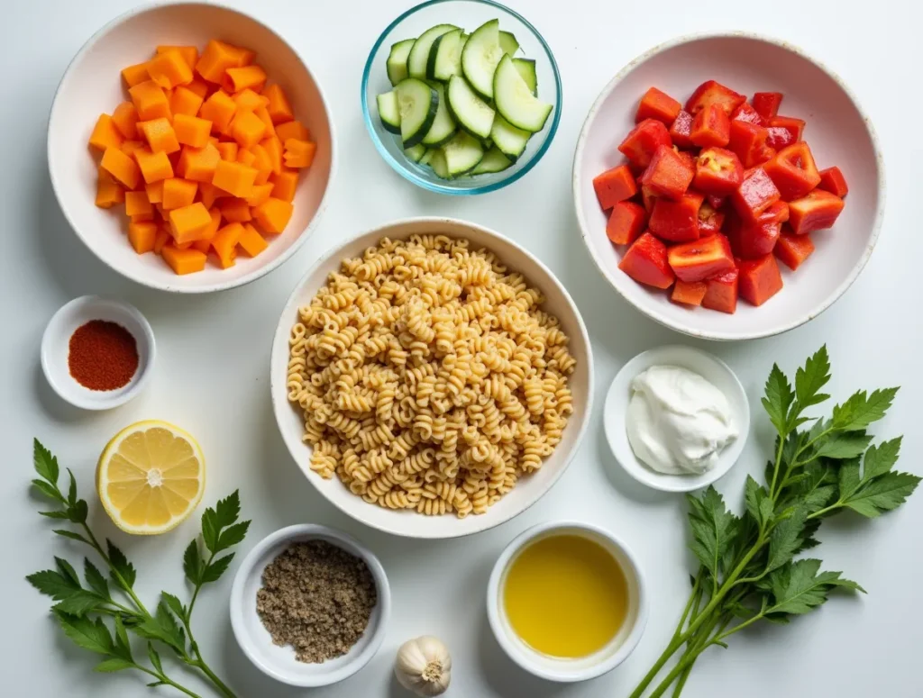 Assorted high protein pasta ingredients on a kitchen counter