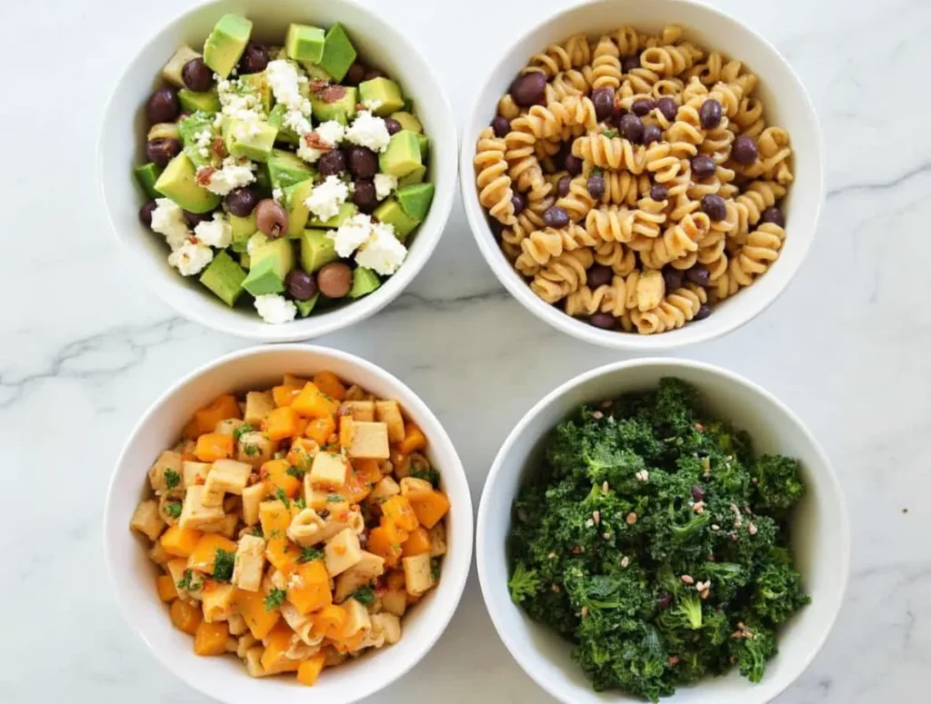 Four types of pasta salad in small bowls representing flavor variations