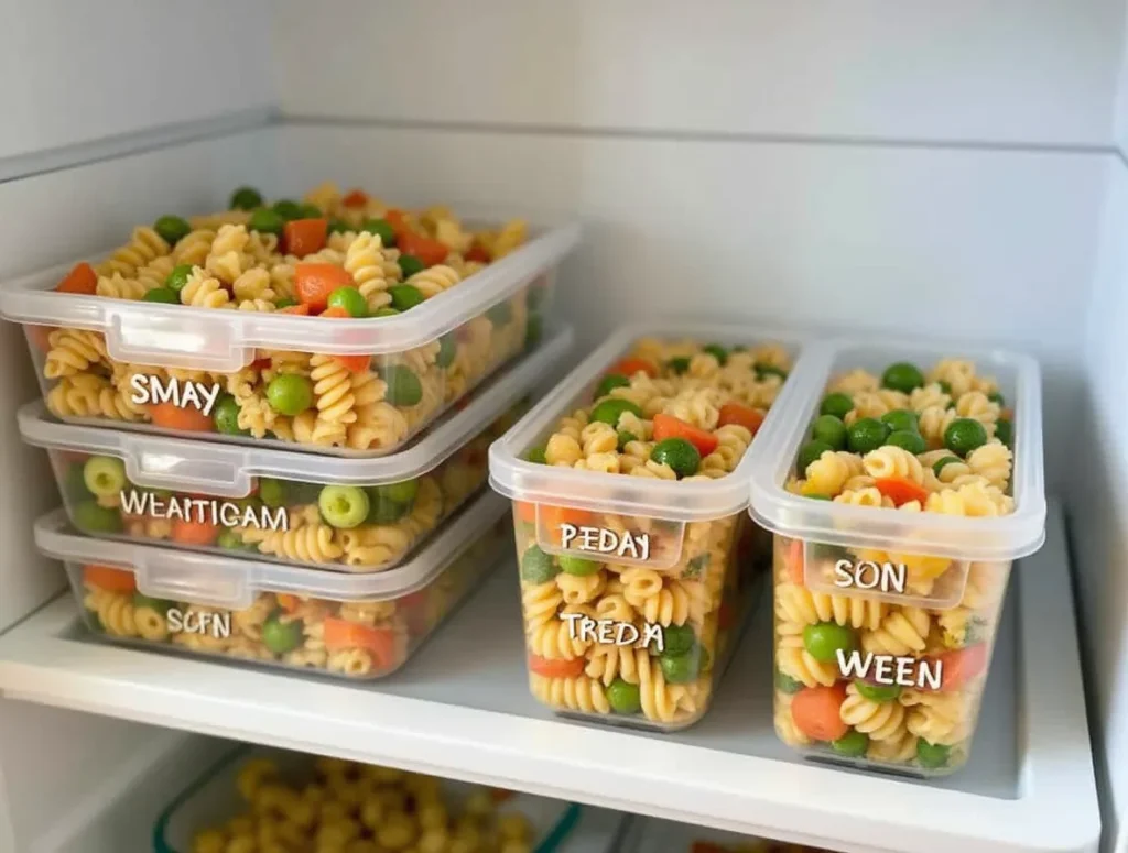 Meal prep containers filled with high protein pasta salad