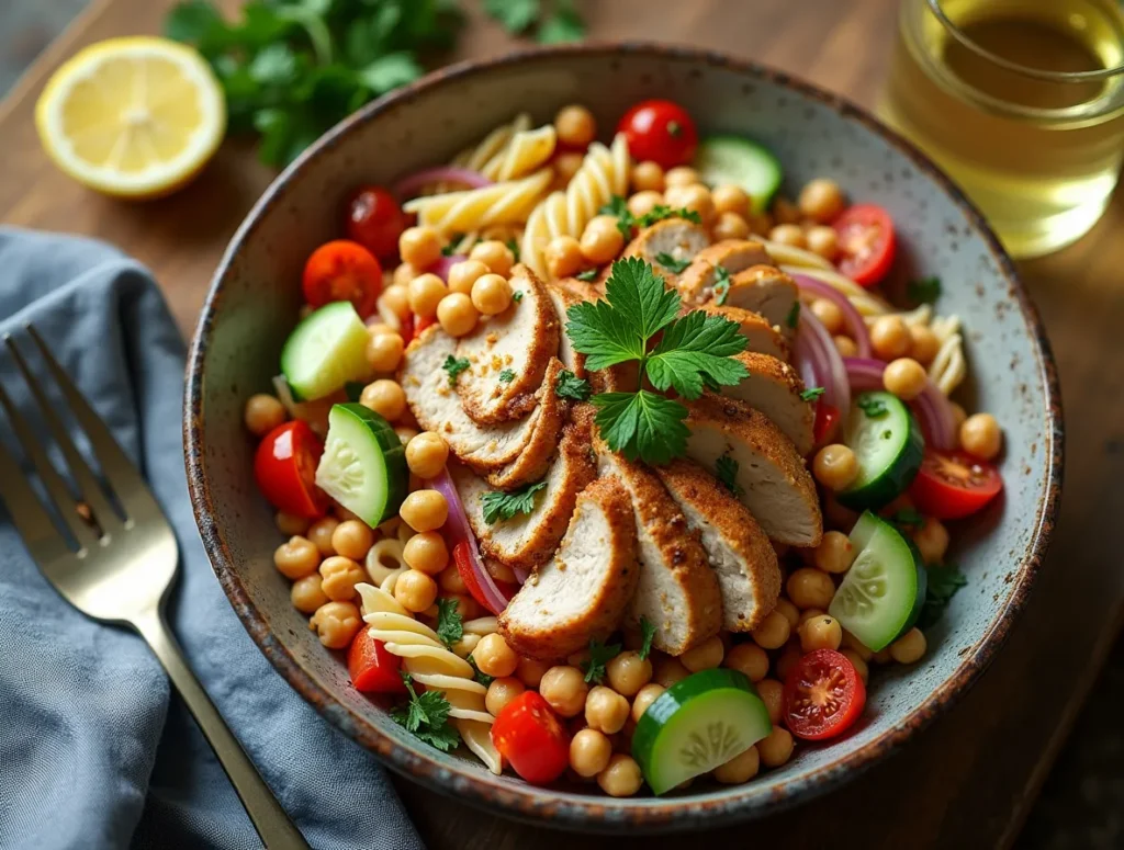 A bowl of colorful high protein pasta salad with chicken and vegetables