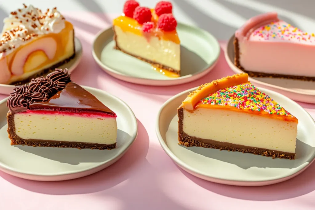 New cheesecake flavors like peach, caramel, and Funfetti on plates