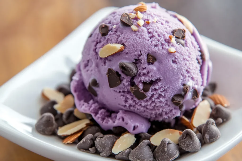 “Chocolate chips and nuts with grape ice cream”