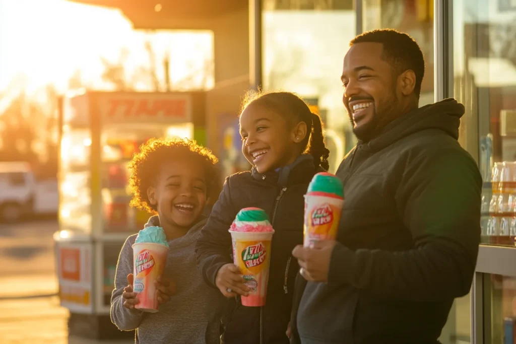 A young family at 7-Eleven getting their Slurpees early in the morning.
