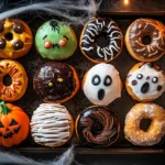 A variety of spooky Halloween donuts on a black tray