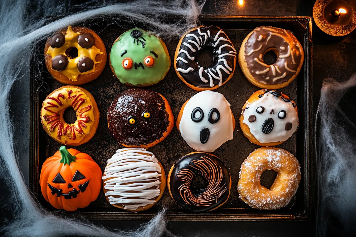 A variety of spooky Halloween donuts on a black tray