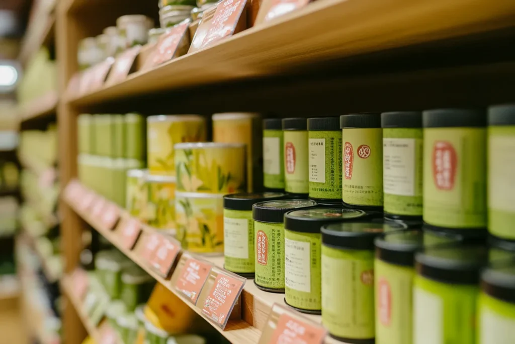 Matcha tins and pouches from different regions in Japan