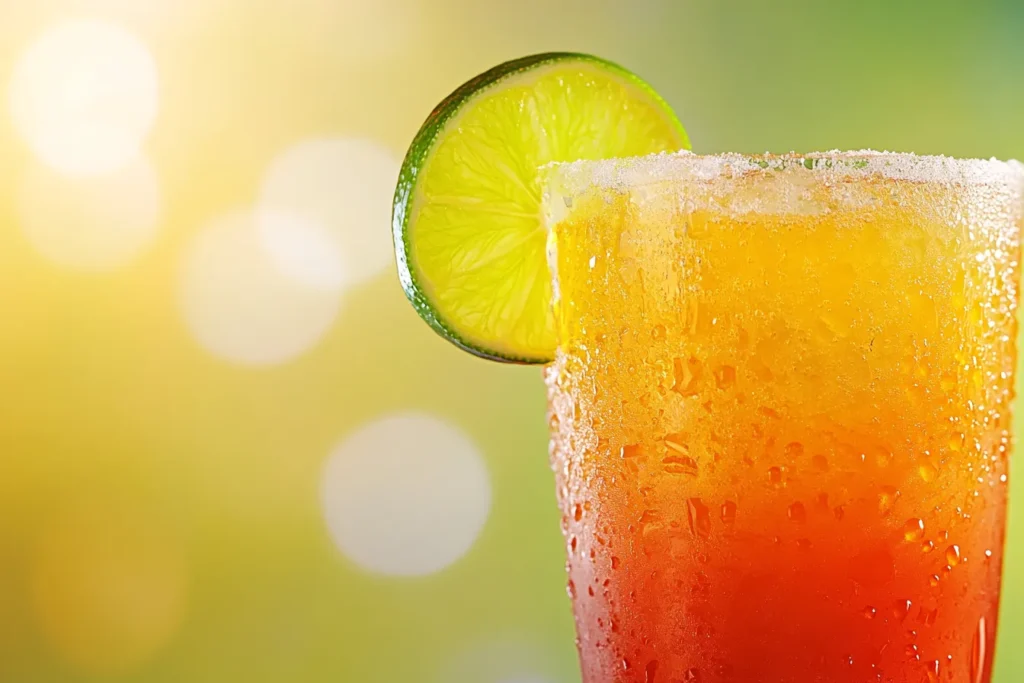 Close-up shot of Baja Sunrise drink with orange and lime