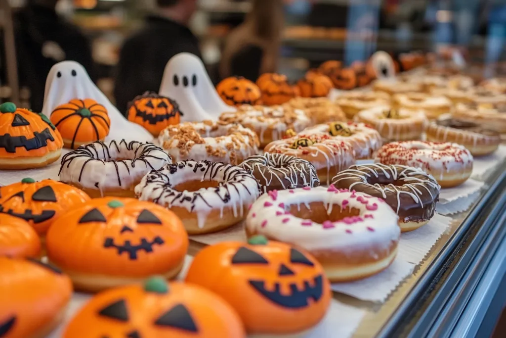 Halloween donut display at a bakery window