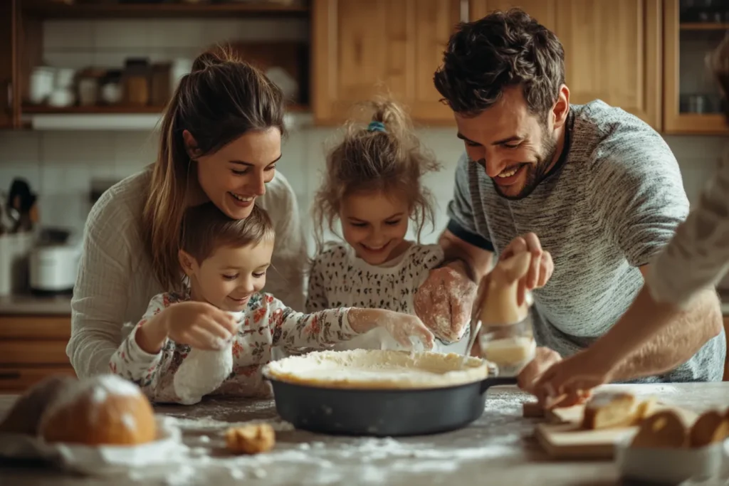A family baking cheesecake together in the kitchen