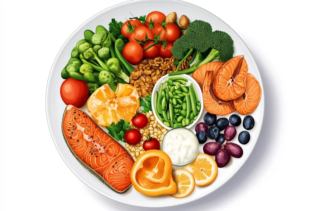A divided plate with appropriate food portions.