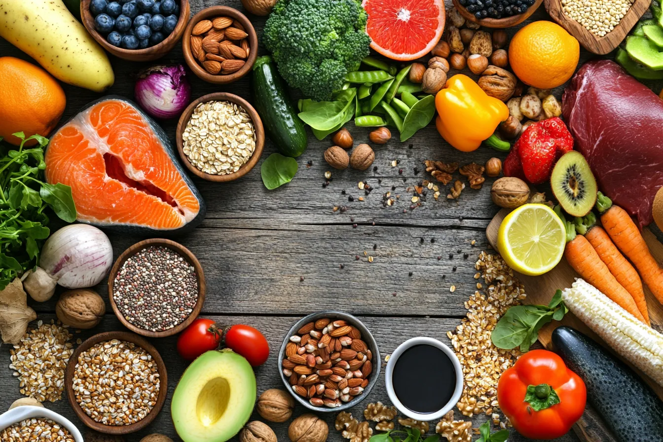 A colorful assortment of healthy food like vegetables, grains, and proteins.