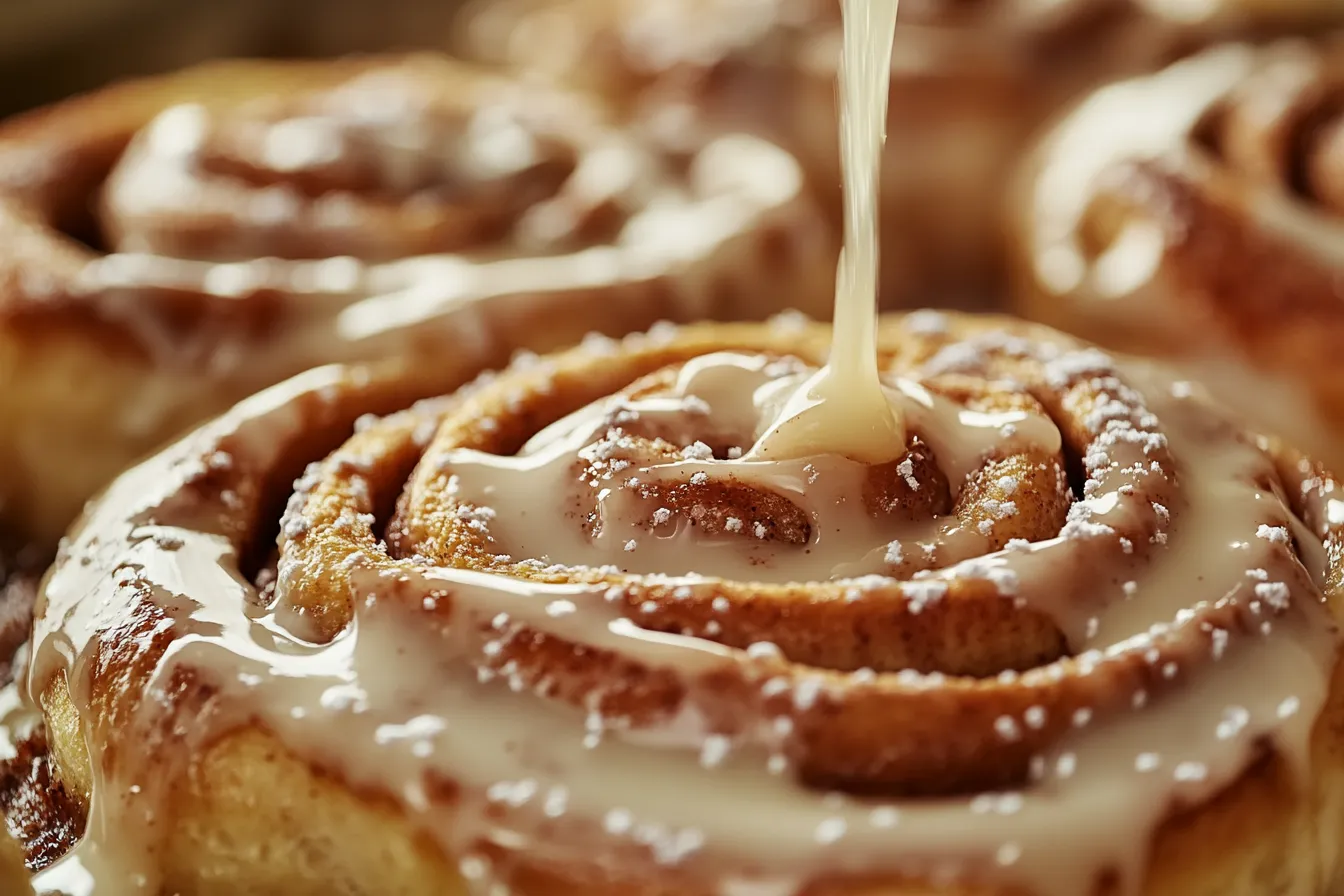 Drizzling homemade cinnamon roll icing without cream cheese over fresh rolls