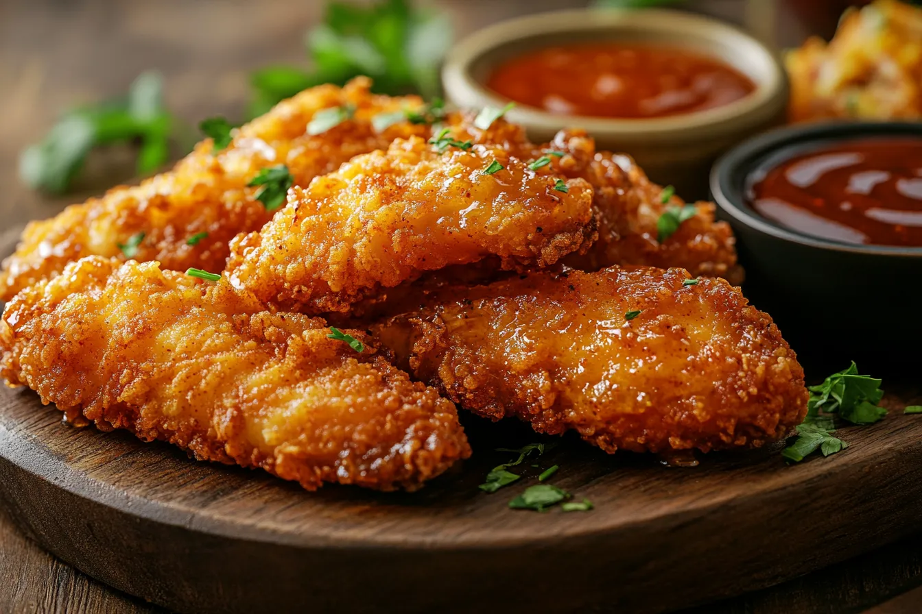 “Crispy hot honey chicken tenders on a serving platter”