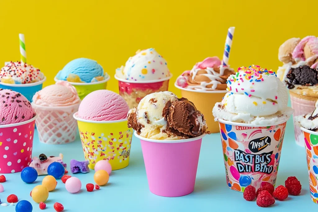 Ice cream from Baskin-Robbins, Wendy’s, DQ, and Dippin’ Dots displayed together
