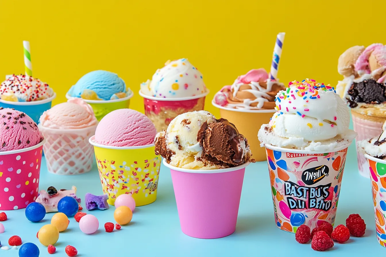 Ice cream from Baskin-Robbins, Wendy’s, DQ, and Dippin’ Dots displayed together