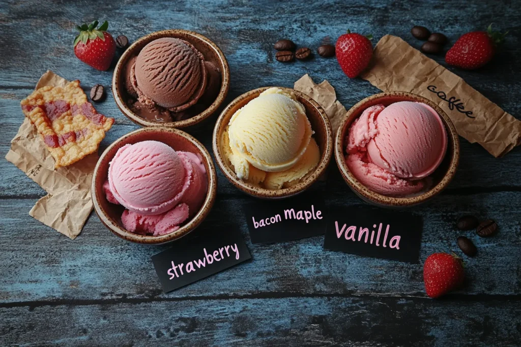 Assorted breakfast-themed ice cream flavors in bowls