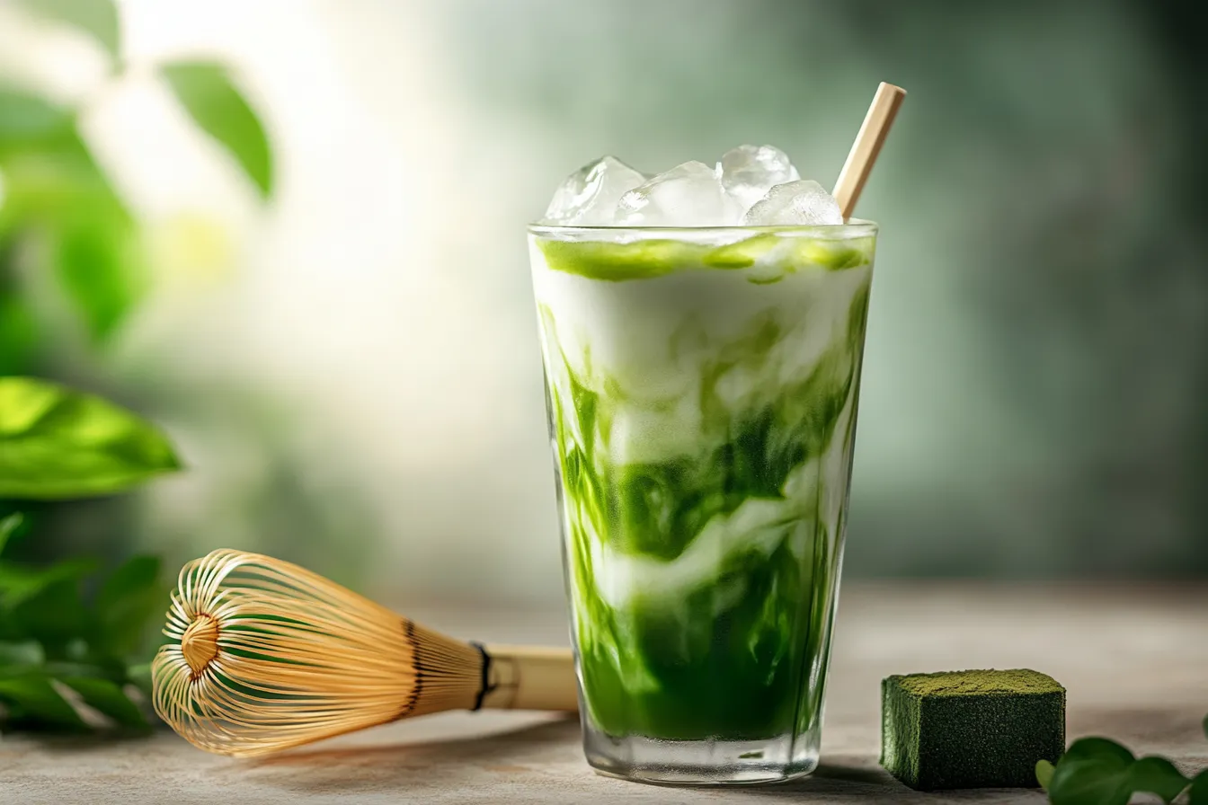Iced matcha latte in a clear glass with creamy milk swirls