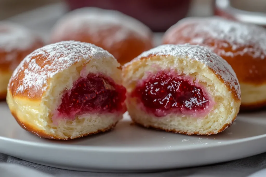 Cross-section of a Bismarck donut showing jam filling
