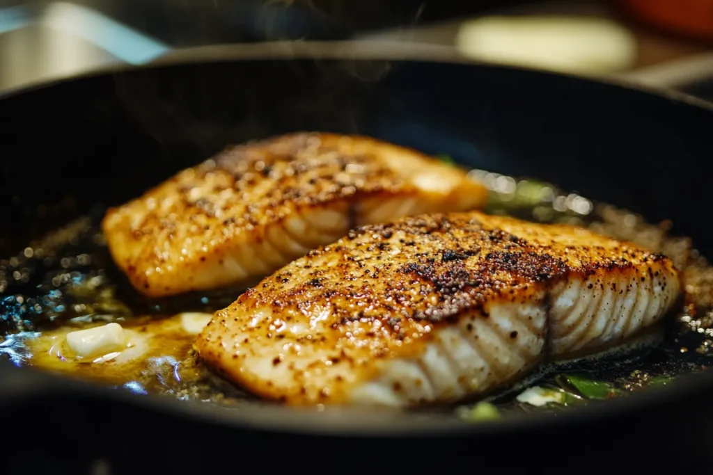 Grouper filet sizzling in a cast iron pan