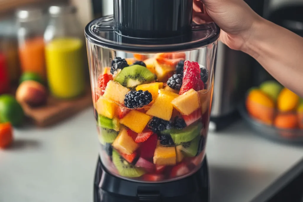A person pulsing a Ninja blender filled with ice and fruit